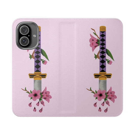 Anime-inspired flip cover phone case with cherry blossom and sword design