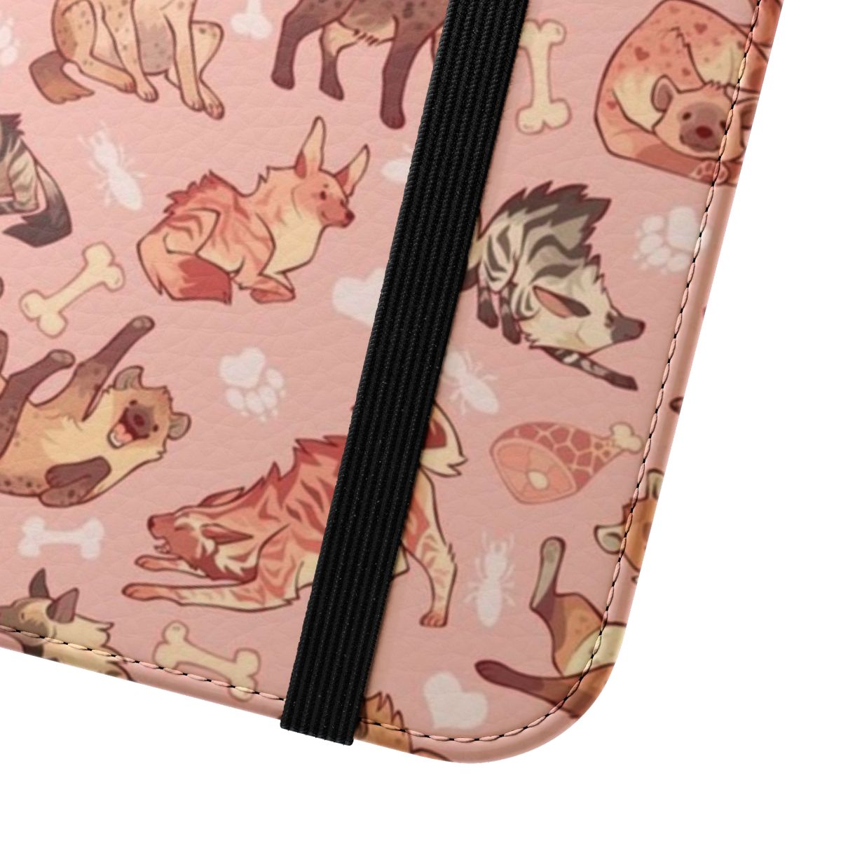 Colorful hyena print pattern on a protective flip phone case. - Close Up