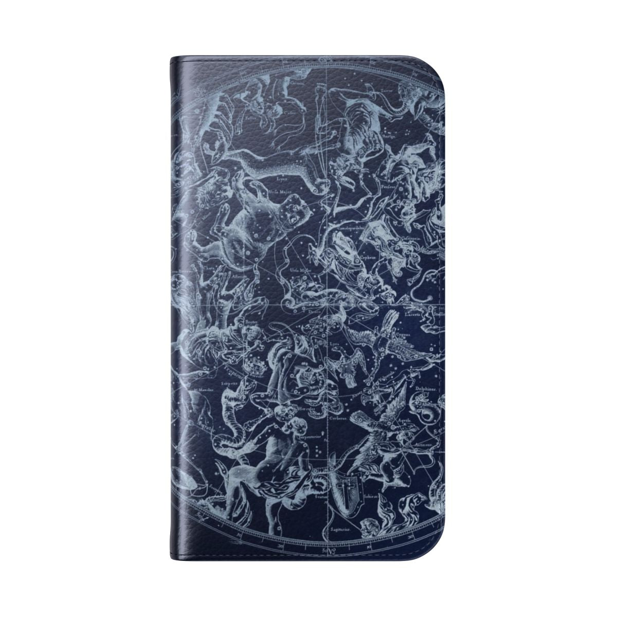 Vintage-style flip phone case featuring a celestial design with astrological signs and star constellations in a blue and white color scheme. - Folded Back