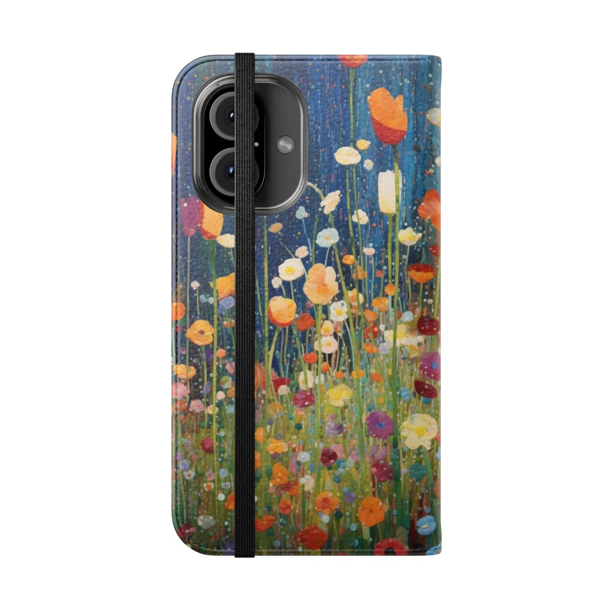 Stylish phone case with a vibrant flower garden design inspired by the artwork of Gustav Klimt - Folded Front