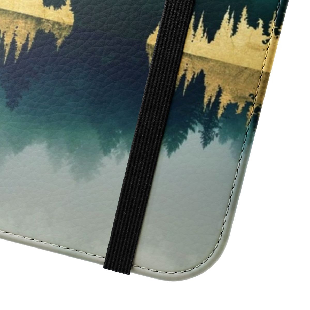 Closeup of a mist reflection phone case with a serene landscape design. - Close Up