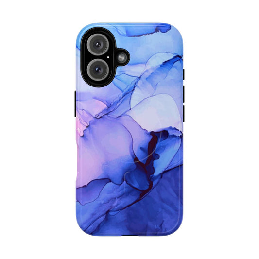 Alcohol ink painting phone case featuring a modern, abstract design in navy blue, slate blue, and orange.