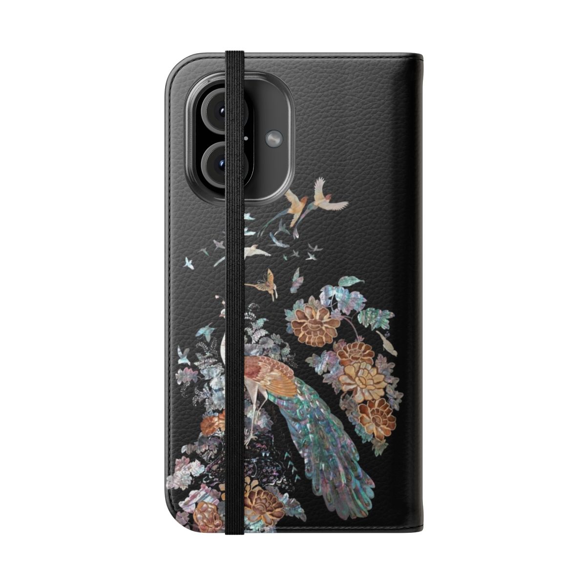 Flip phone case with intricate mother of pearl phoenix design, inspired by traditional Korean art - Folded Front