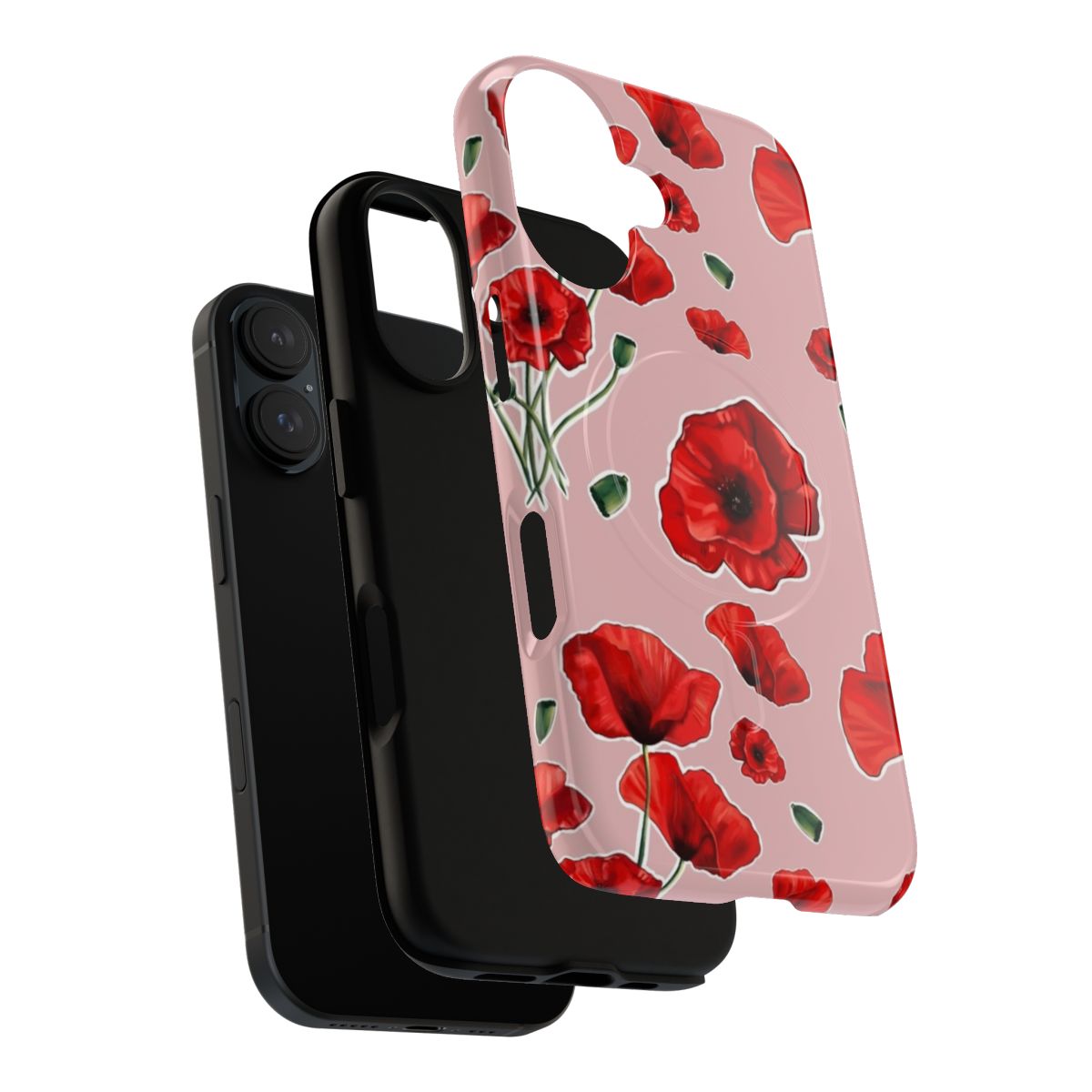 Vibrant pink and red poppy pattern phone case with magnetic closure and tough design. - Layers