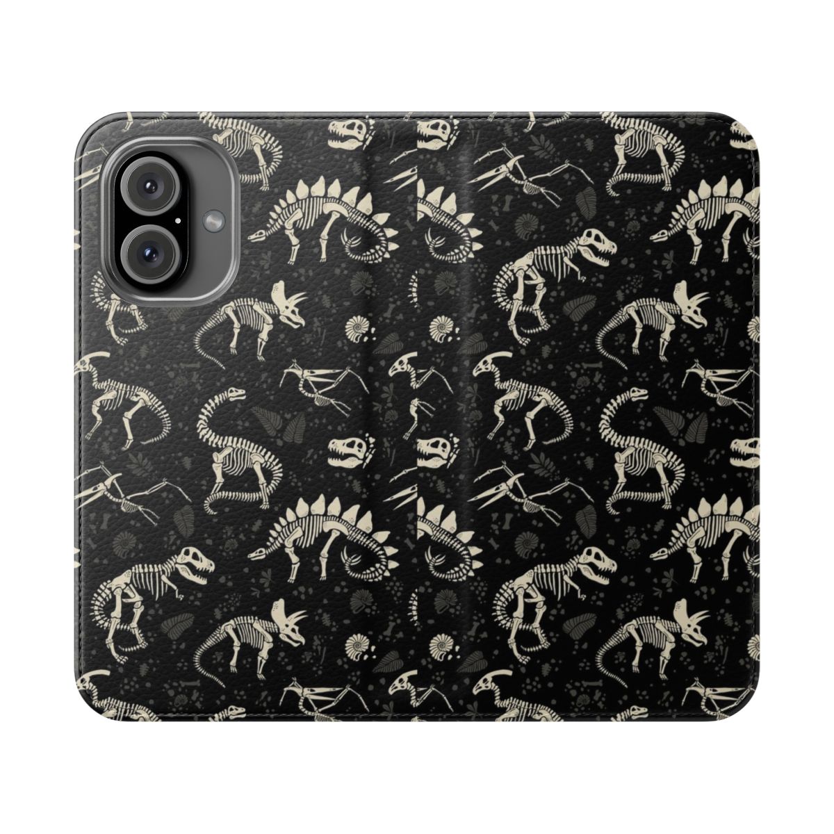 A phone case featuring a design of excavated dinosaur fossils, including T-Rex, Brontosaurus, and Triceratops.