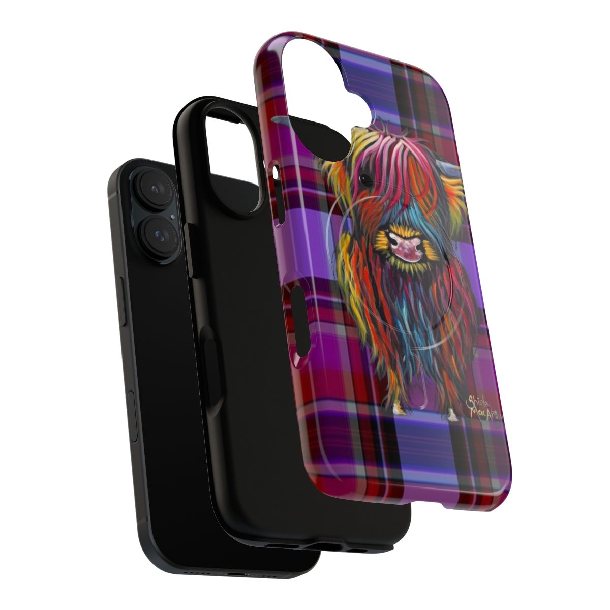 Magnetic Tough Phone Case featuring a Cute Highland Cow in a Tartan Pattern - Layers