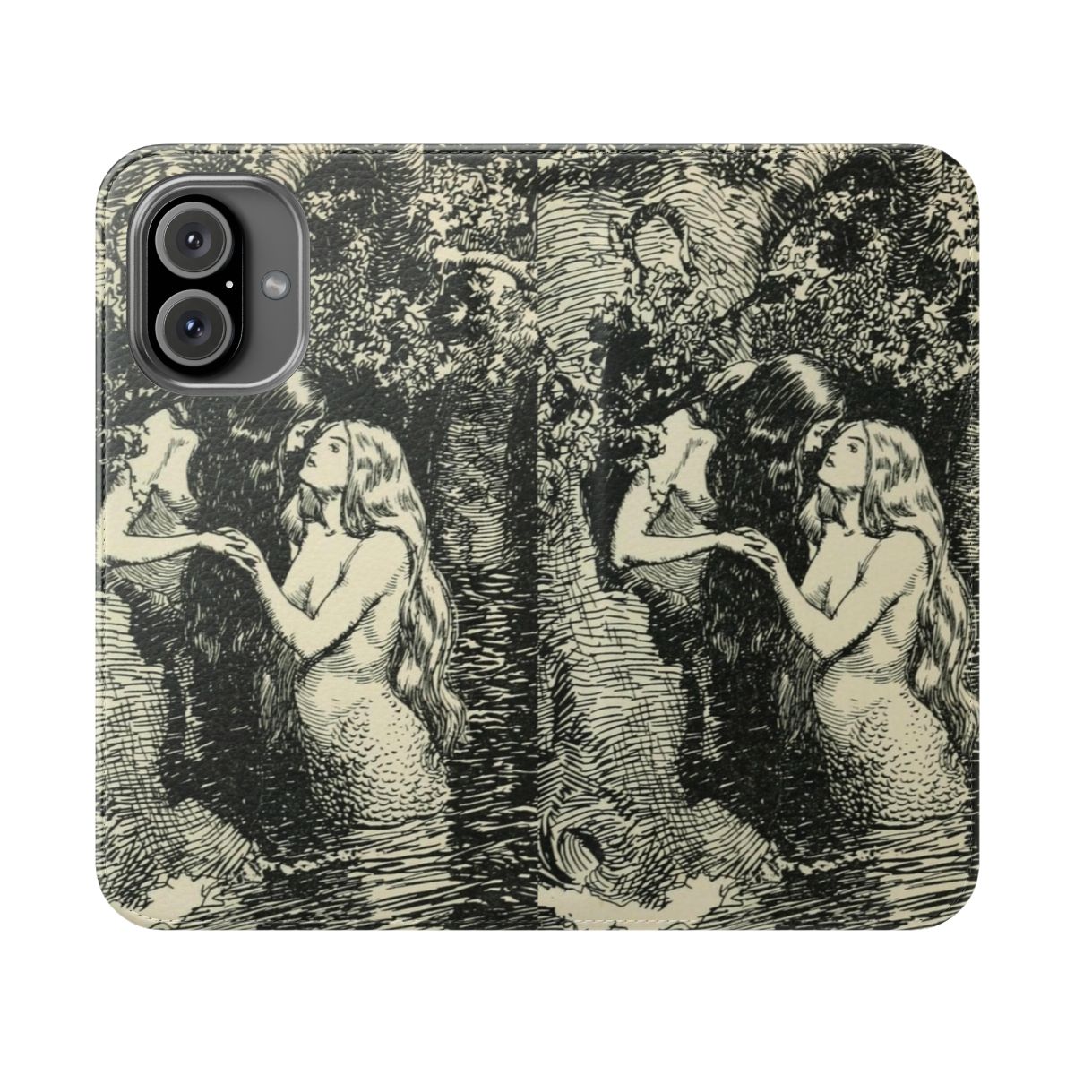 Vintage illustration of a nymph embracing a dryad, printed on a flip phone case.