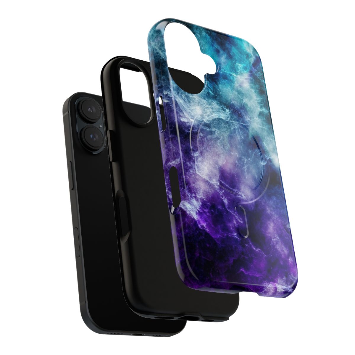 A phone case featuring a captivating galaxy nebula marble design in shades of purple and teal. - Layers