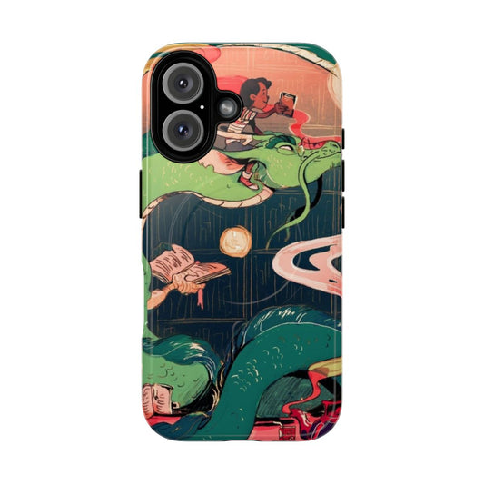 Tough magnetic phone case with a dragon and book design, ideal for book lovers.