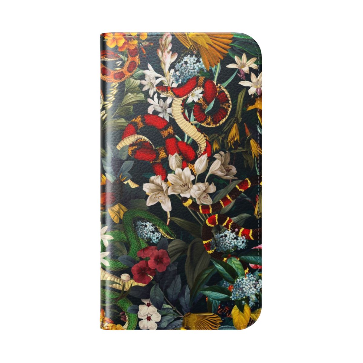 Colorful botanical phone case with birds, snakes, and tropical foliage design - Folded Back