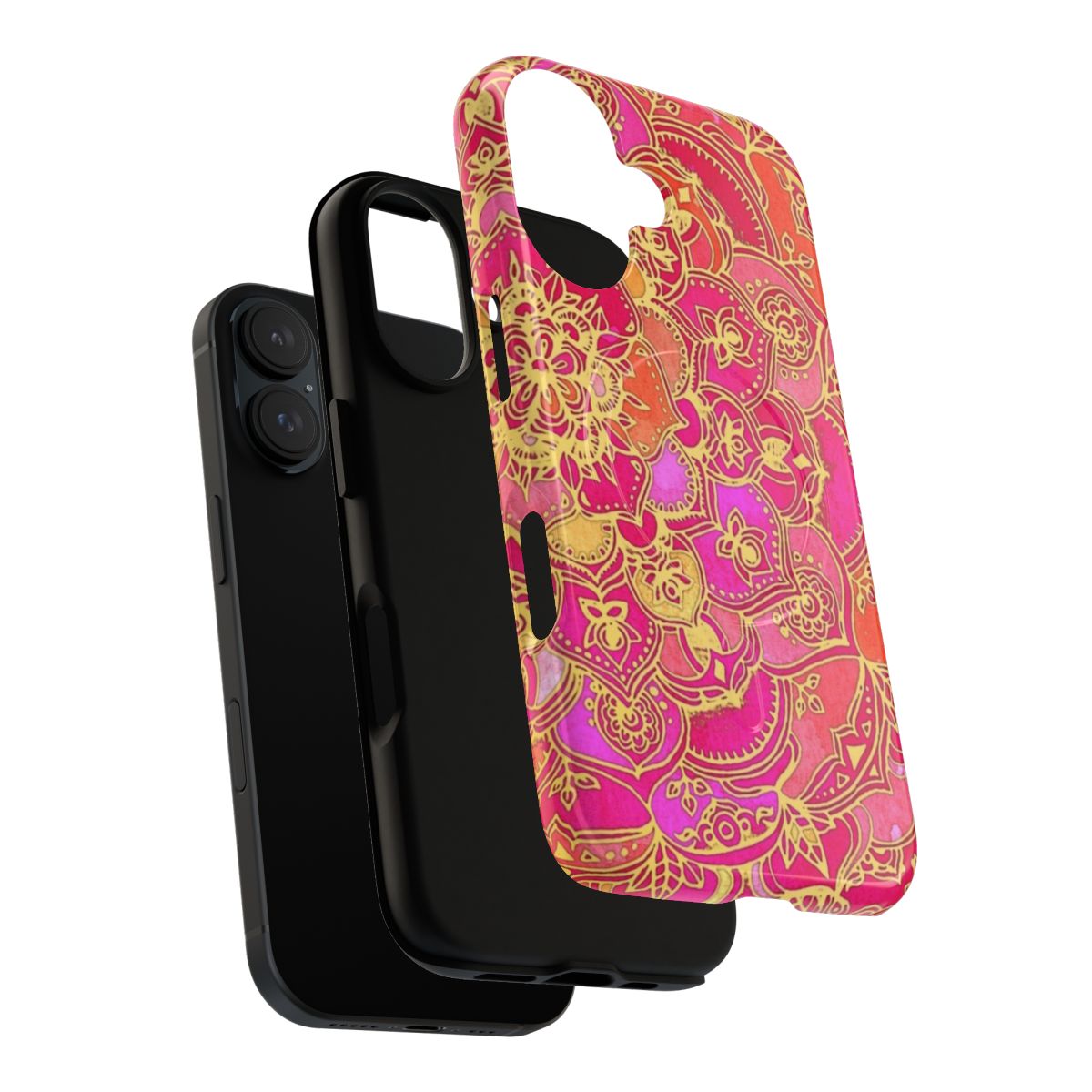 Vibrant hot pink and gold floral pattern phone case with a magnetic tough design. - Layers