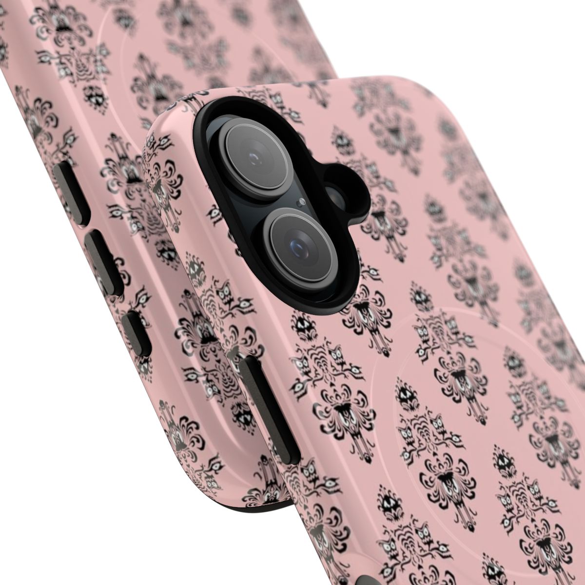 Millennial pink phone case with a haunted mansion wallpaper pattern - Detail