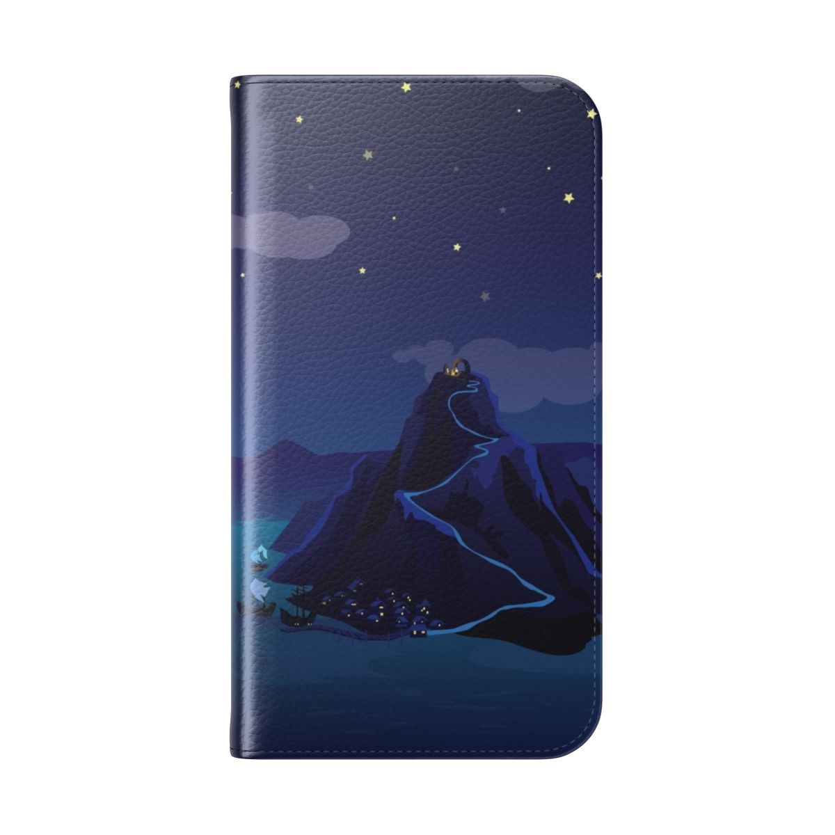 Flip cover phone case design inspired by the classic adventure game The Secret of Monkey Island, featuring the protagonist Guybrush Threepwood on the island of Melee. - Folded Back