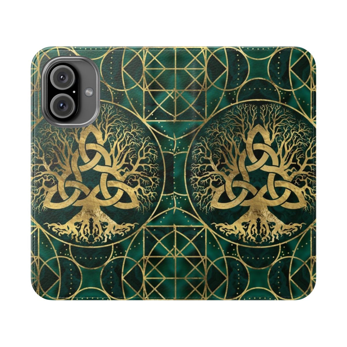 Malachite and gold-toned flip cover phone case with a tree of life and triquetra design