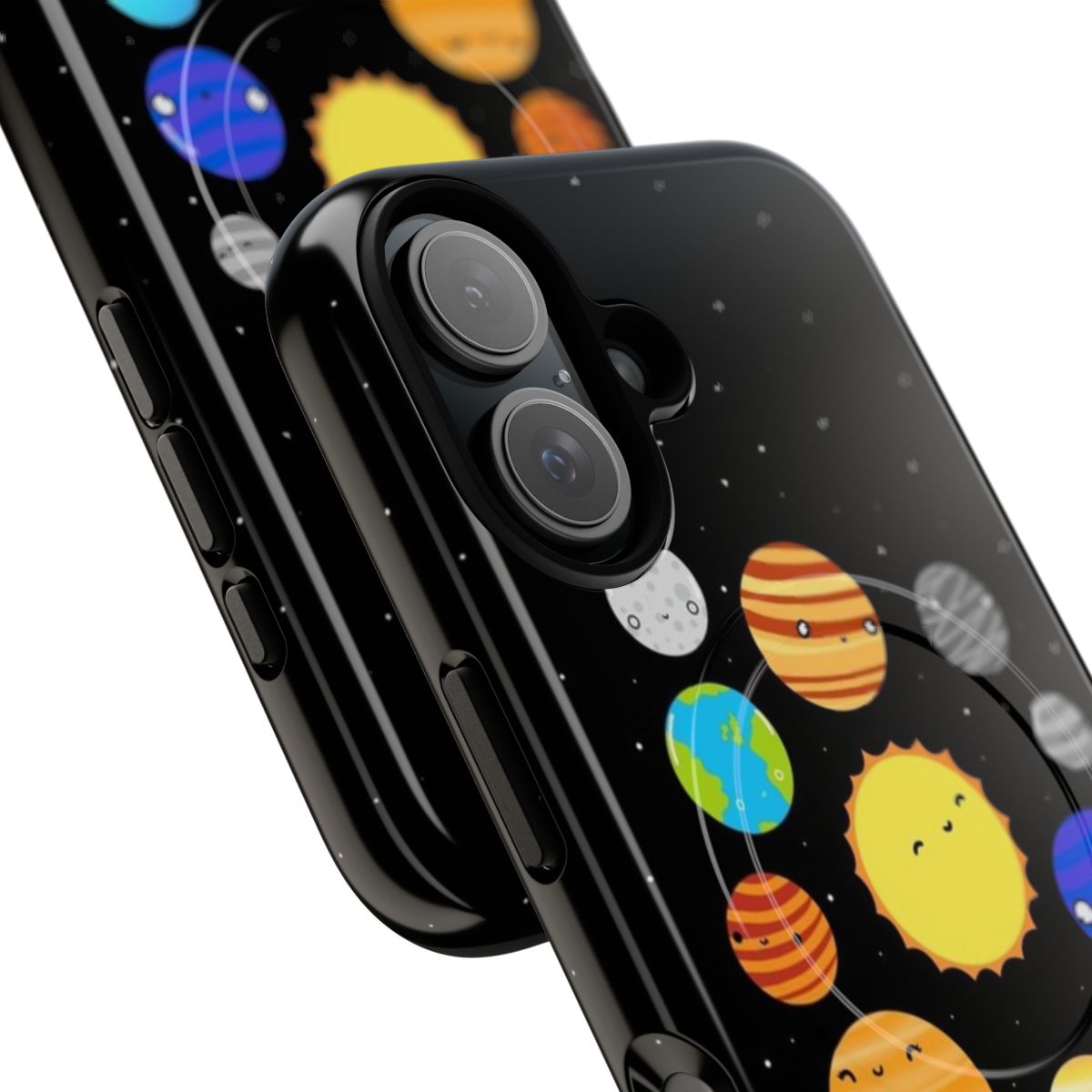 Colorful phone case featuring planets, stars, and other space elements - Detail