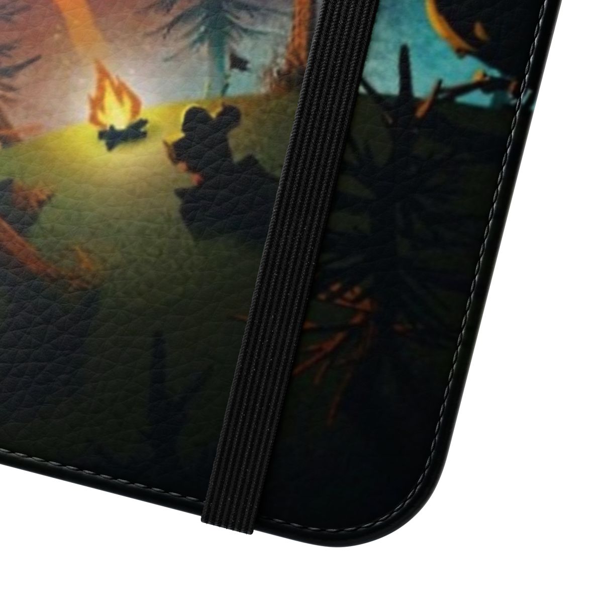 Flip cover phone case featuring an illustration inspired by the video game Outer Wilds, with a galaxy and stars design. - Close Up