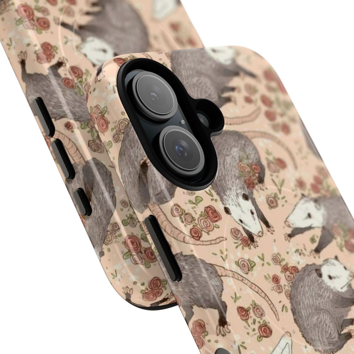 Whimsical phone case featuring a cartoon opossum surrounded by vintage-inspired floral and nature-inspired design - Detail