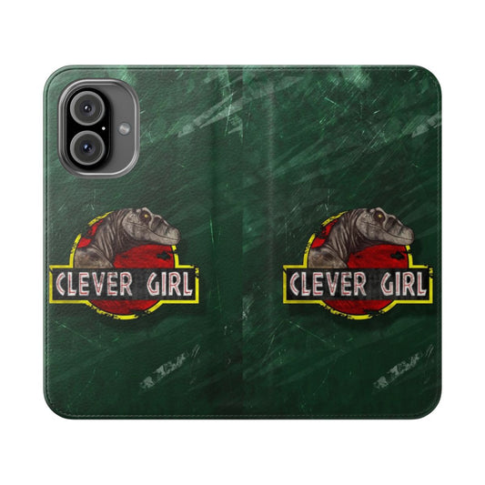 Clever Dinosaur Lover Flip Cover Phone Case featuring a velociraptor dinosaur design