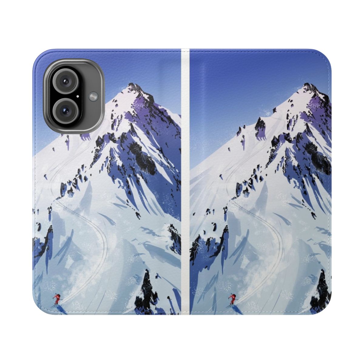 A durable flip phone case with a mountain, ski, and winter-themed design.