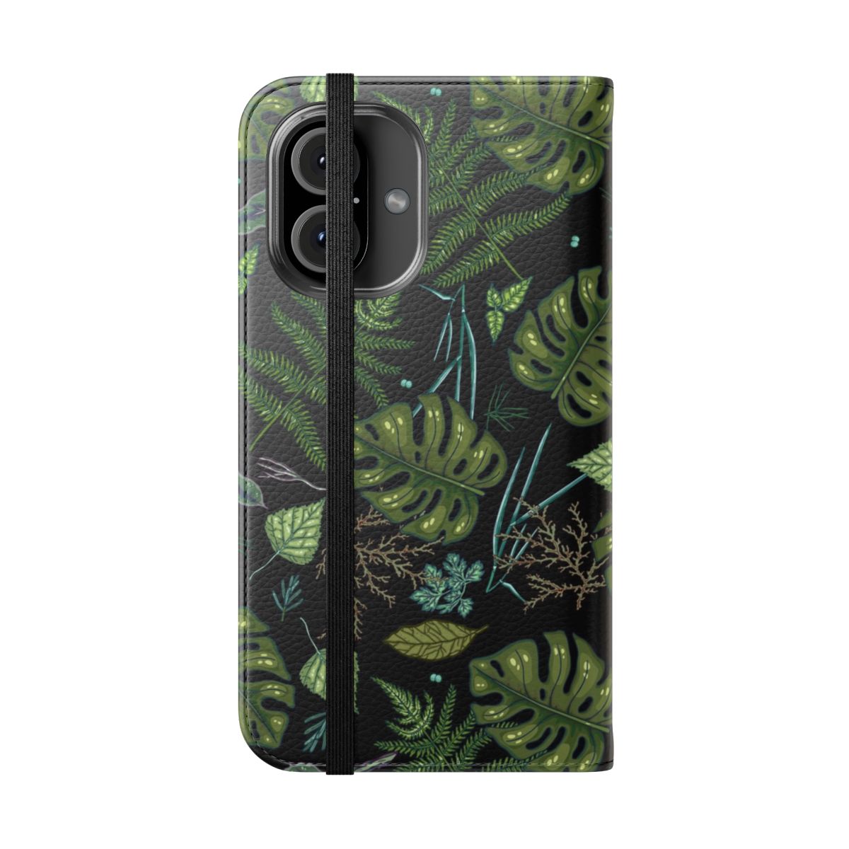 A green flip cover phone case featuring a lush, tropical jungle pattern with ferns, monstera leaves, and other botanical elements. - Folded Front