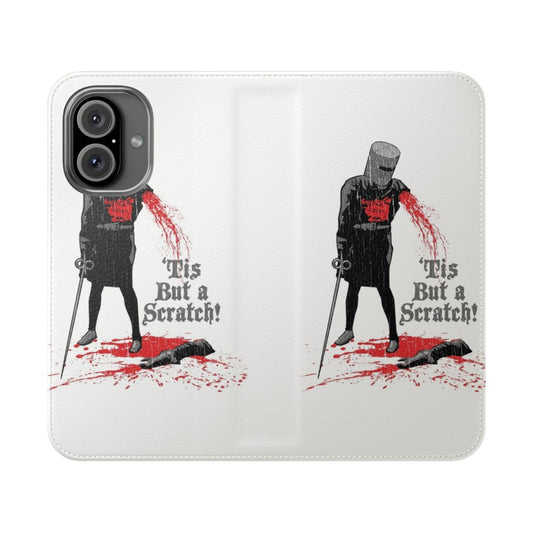 A flip cover phone case featuring a medieval-inspired design, paying homage to the classic Monty Python and the Holy Grail film.