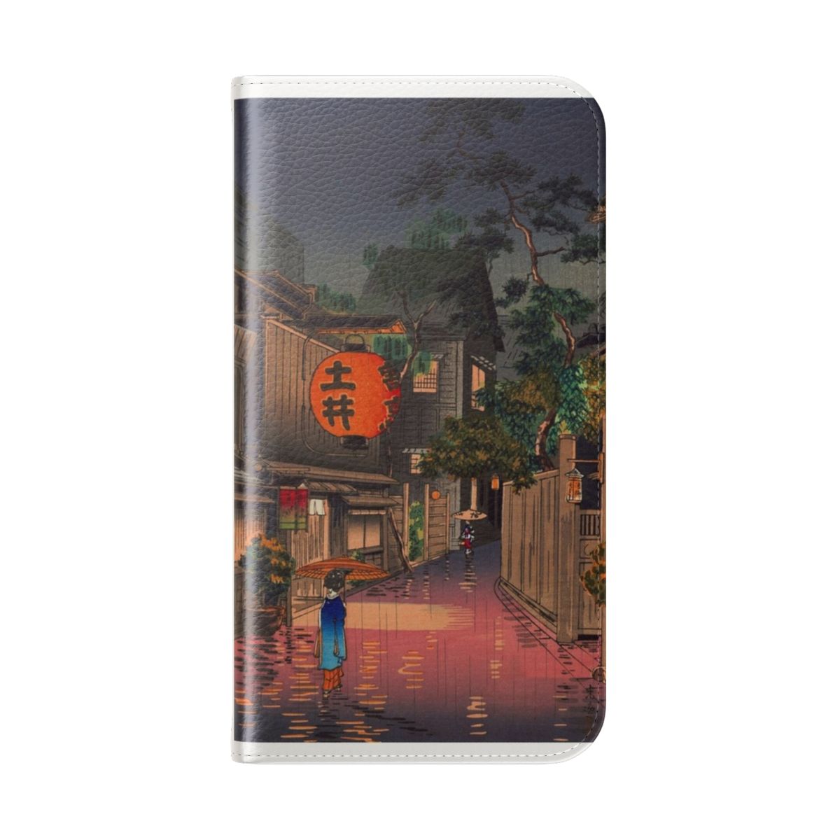 Flip cover phone case with a night street rain scene inspired by Japanese and Asian art - Folded Back