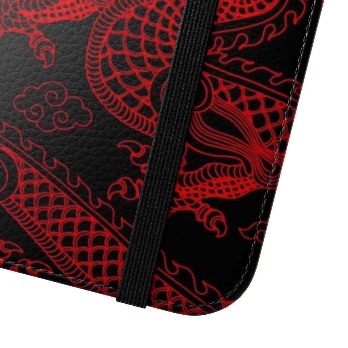 Vibrant red dragon design on a flip phone cover - Close Up