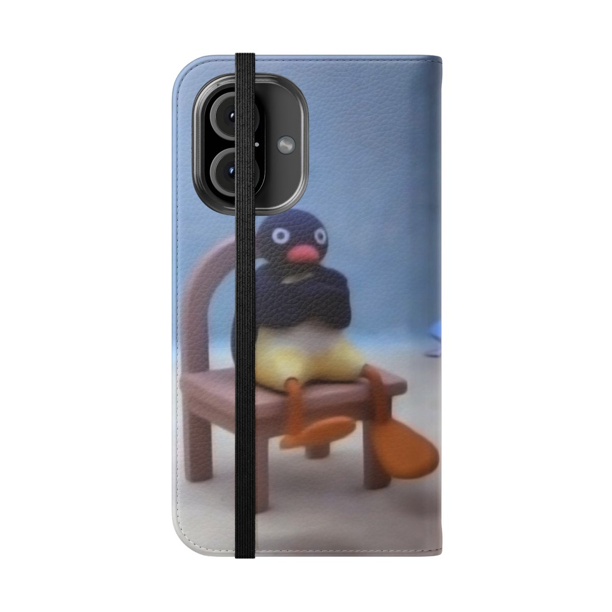 A colorful flip cover phone case featuring the beloved Pingu cartoon character. - Folded Front