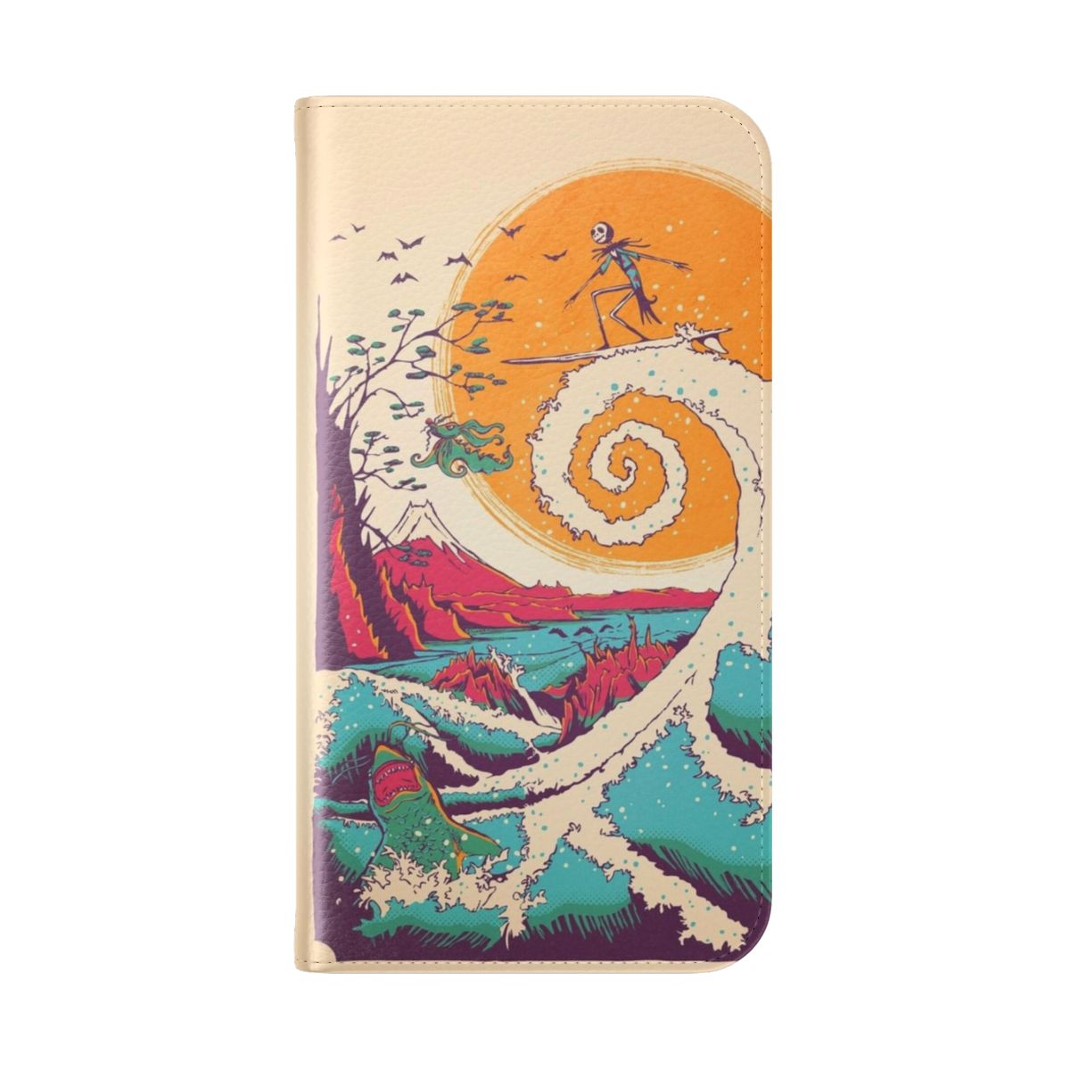 A phone case with a Halloween and Christmas themed design featuring surfers, waves, and characters from The Nightmare Before Christmas. - Folded Back