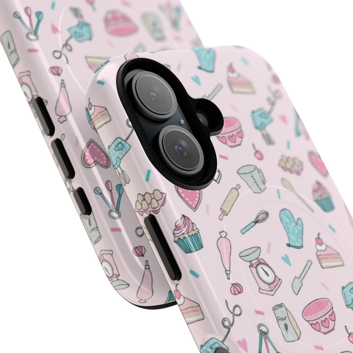 A pink phone case with a cute baking pattern design including spoons, bowls, and baking ingredients. - Detail