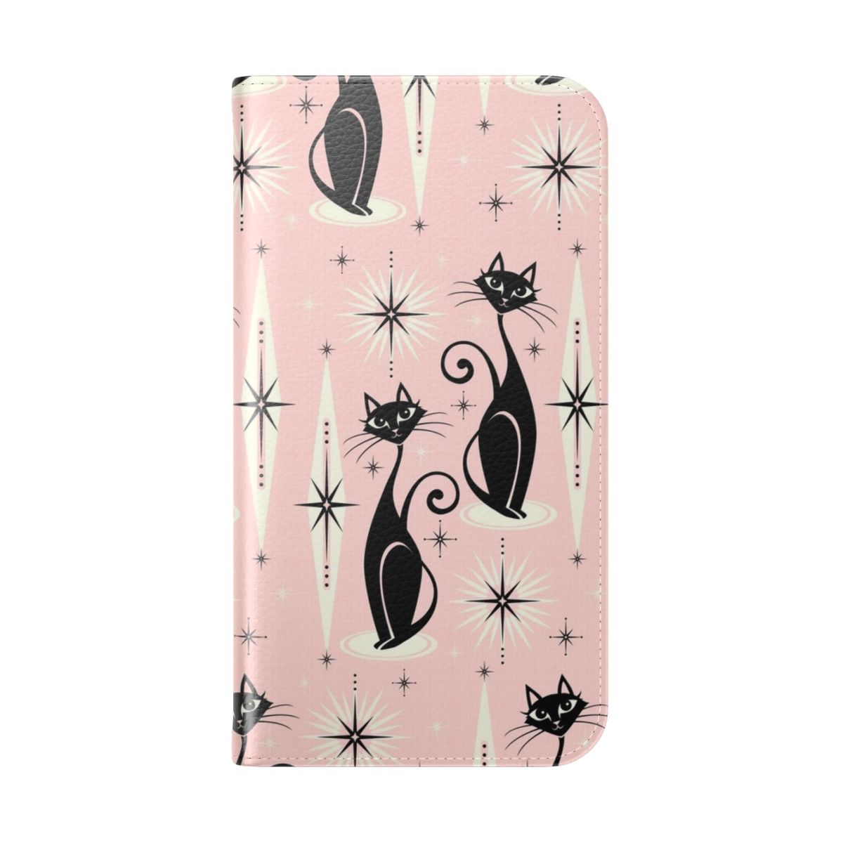 Retro atomic cats flip cover phone case with a 1950s mid century modern style design featuring black cats, starbursts, and diamonds. - Folded Back