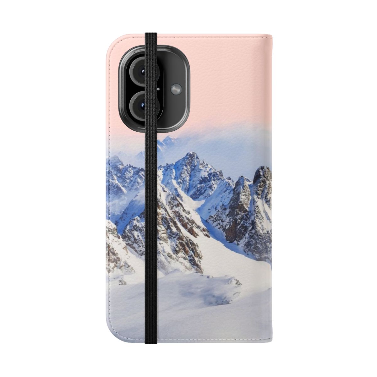 A phone case featuring a beautiful winter landscape with snow-capped mountains. - Folded Front