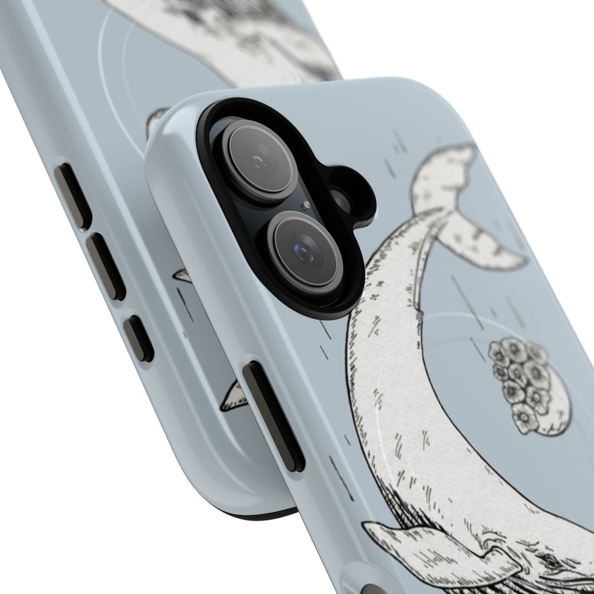 Magnetic tough phone case with hand-drawn design featuring a whale, petunias, and references to the Hitchhiker's Guide to the Galaxy. - Detail