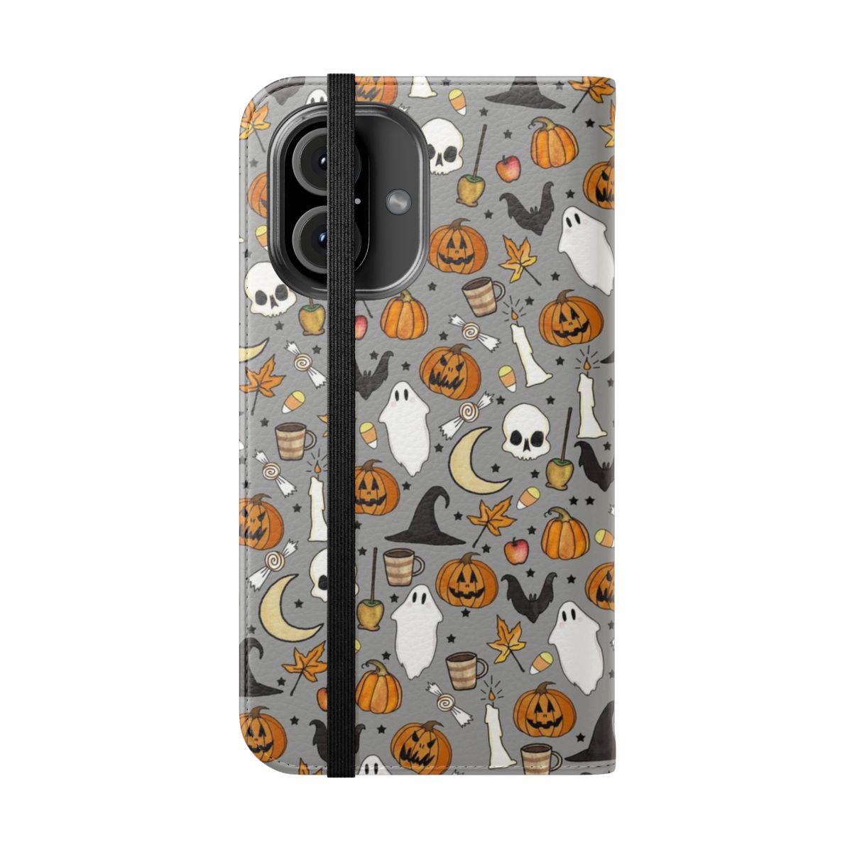 A gray and orange patterned flip cover phone case with a Halloween theme, featuring pumpkins, moons, and other spooky elements. - Folded Front