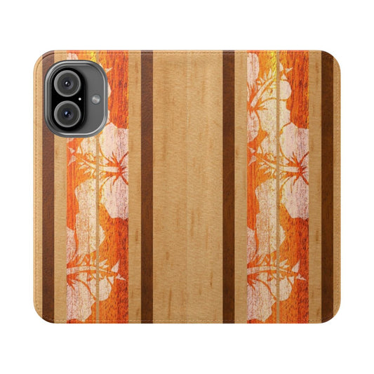 Orange flip cover phone case with faux wood surfboard design