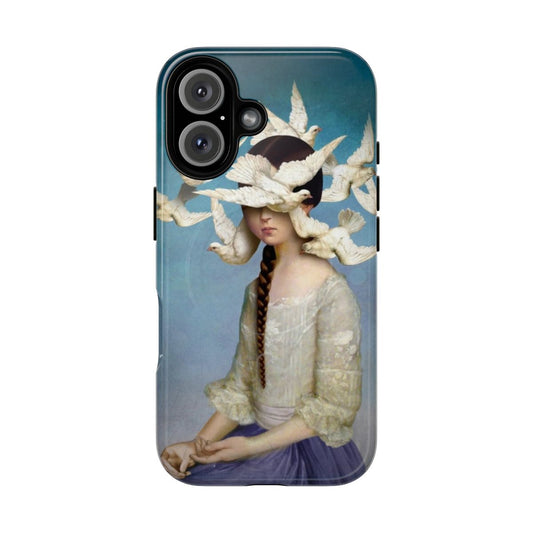 Artistic magnetic tough phone case with a fantasy design featuring a girl, birds, and a dove in a surreal, dreamlike scene.