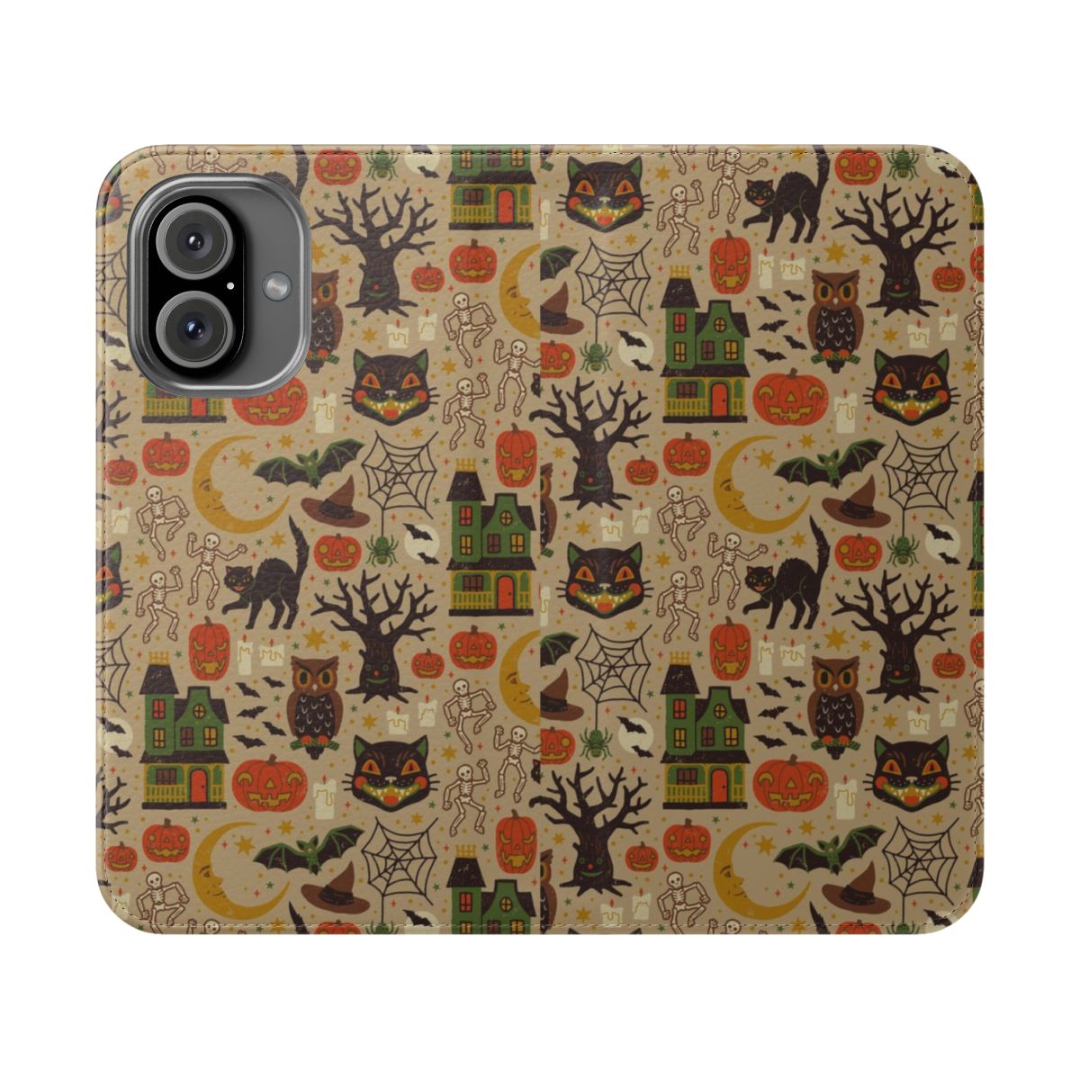 Vintage-inspired Halloween-themed phone case cover featuring black cats, owls, bats, and other spooky elements.