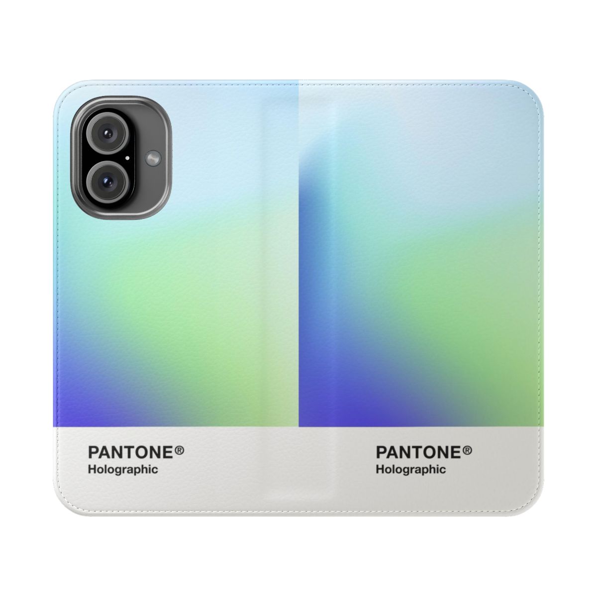 Holographic iridescent gradient pattern on a flip phone case