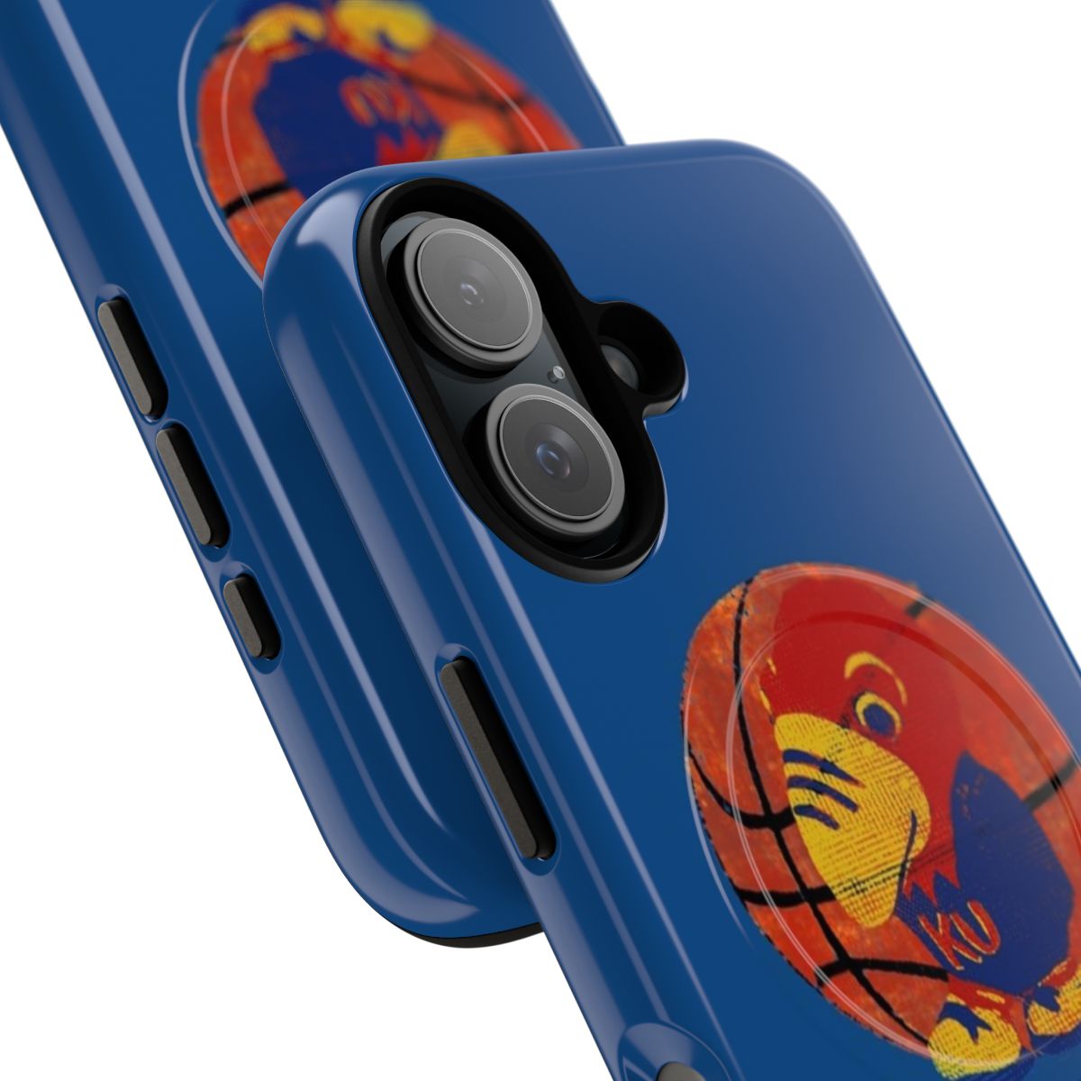 Vintage-style phone case featuring a Jayhawk mascot design, perfect for KU and college basketball enthusiasts. - Detail