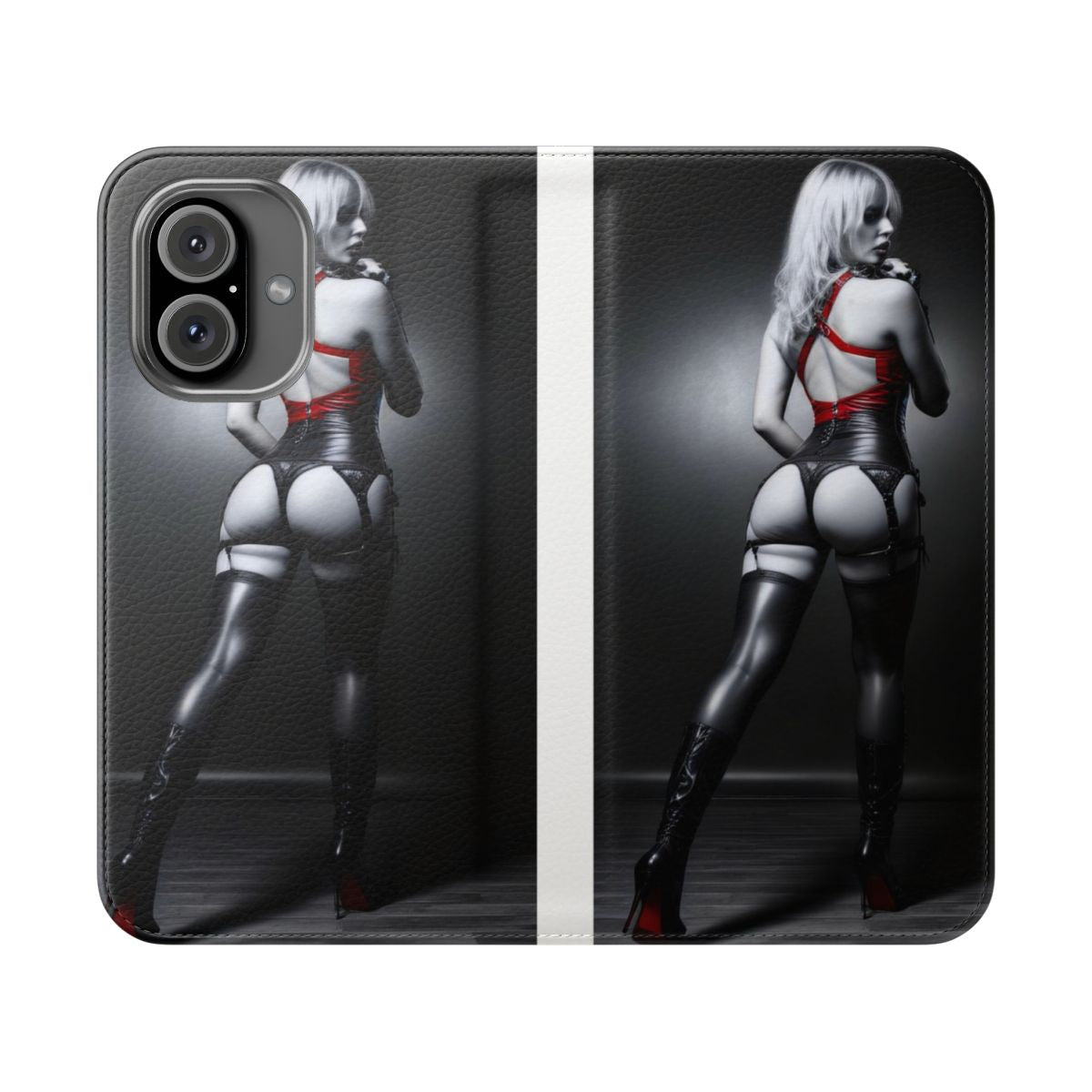 Stylish phone case featuring an attractive, sensual woman in black, white, and red