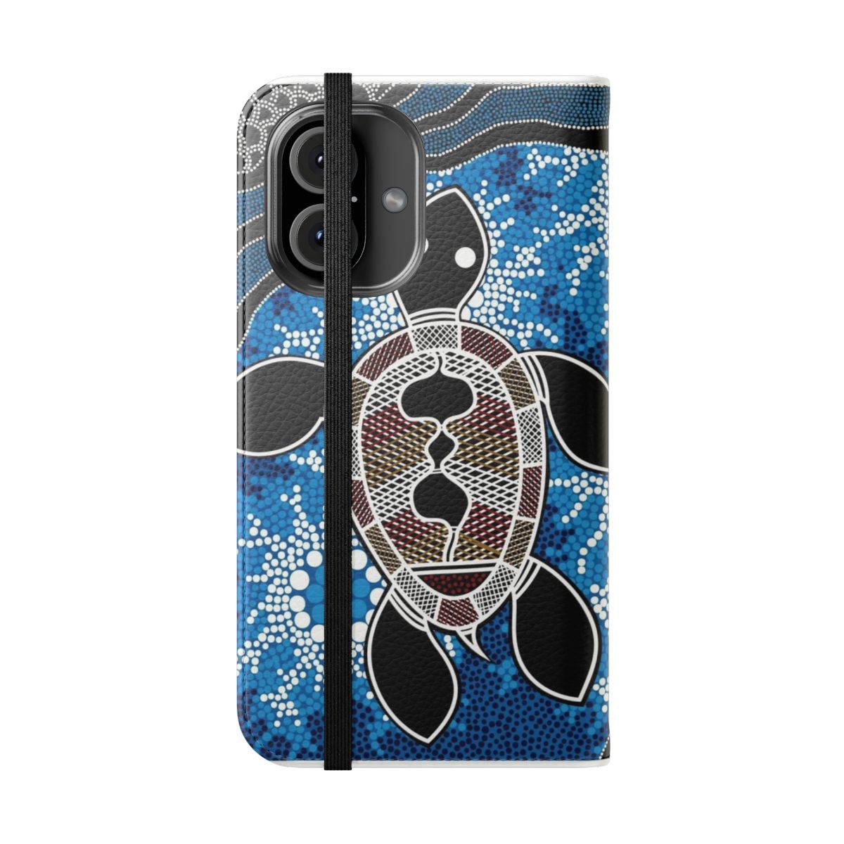 Colorful phone case featuring a vibrant sea turtle design in the style of traditional Aboriginal art. - Folded Front