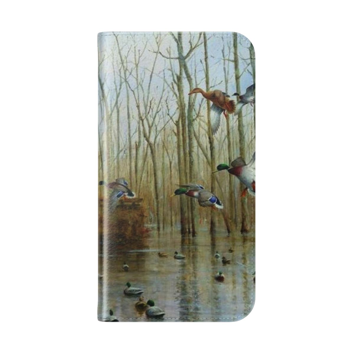 Mallard-patterned flip cover phone case with timber and swamp motifs for outdoor enthusiasts - Folded Back