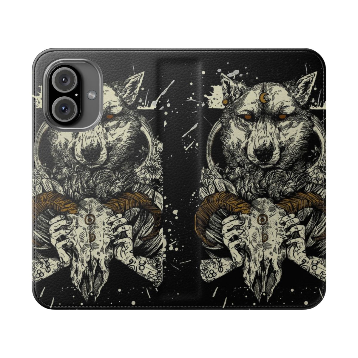 Pagan-inspired phone case with a mystical wolf design