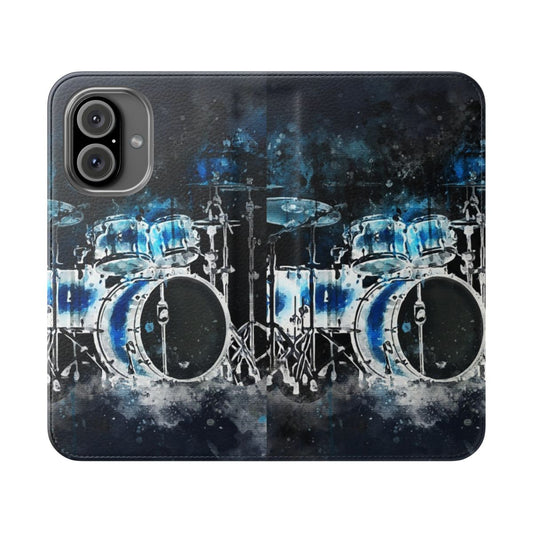 Vibrant flip phone case with a drum kit design, perfect for musicians and music fans.