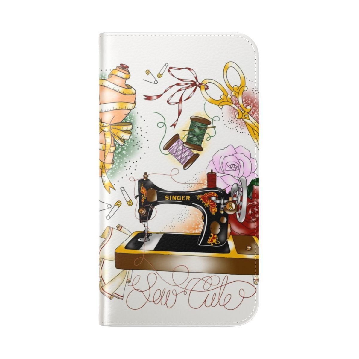 Vintage-inspired flip cover phone case with sewing-themed design, including a mannequin, scissors, and other ornate elements in a gold and white color scheme. - Folded Back