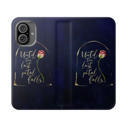 Flip cover phone case featuring a watercolor illustration of an enchanted rose with a fairy tale-inspired quote