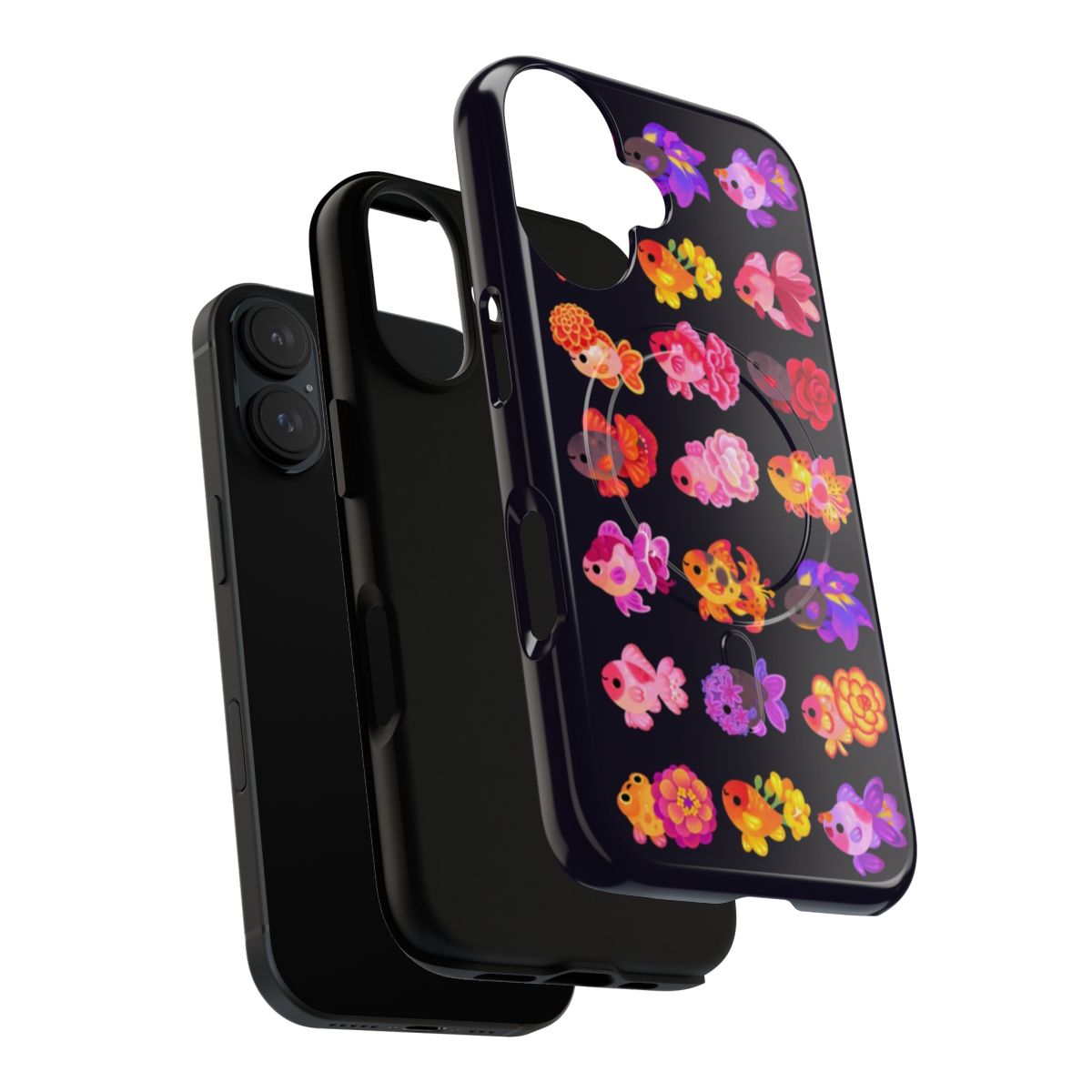 Artistic phone case featuring a colorful goldfish surrounded by flowers - Layers