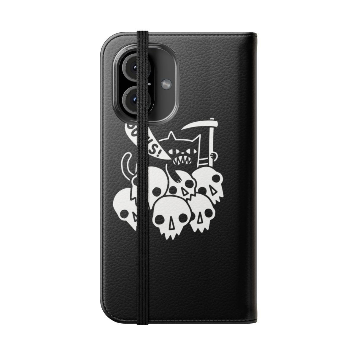 Flip phone case with a gothic design featuring a black cat and skull - Folded Front