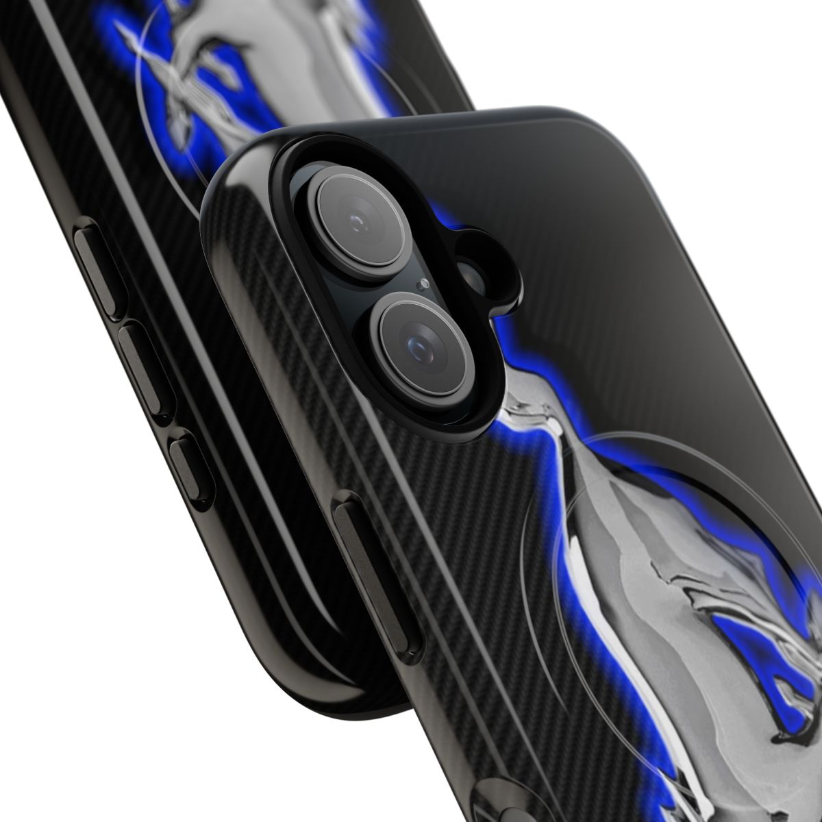 A black and blue Ford Mustang-inspired phone case with a chrome accent and magnetic closure for added protection. - Detail