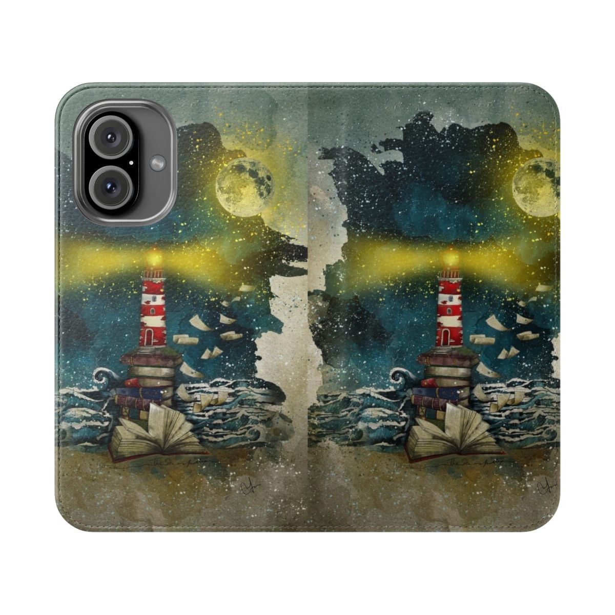 Flip phone case featuring a scenic ocean and night sky design with a lighthouse and books